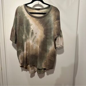 Green, Brown and Tan Tie-Dye Relaxed T-Shirt Short Ruffle Sleeve